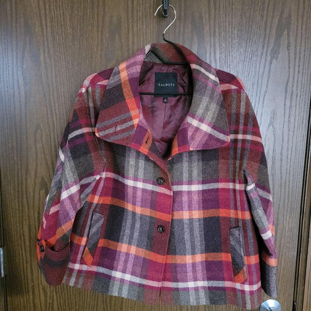 Nwot Stunning Talbots Fall Colors Orange Green Pink Plaid Jacket Size 12